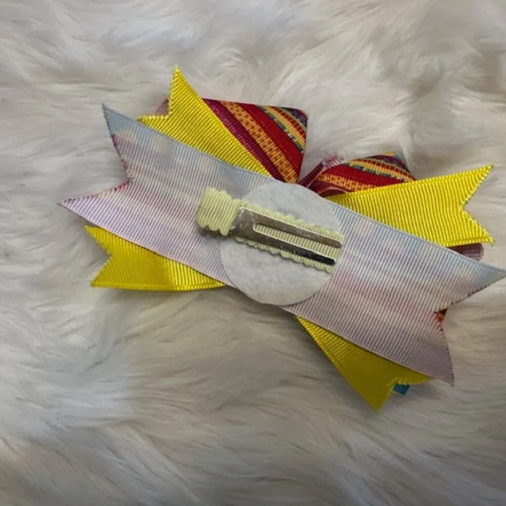Colorful Stripes Deluxe Bow with Yellow Button Center   7846  Handmade NWT
